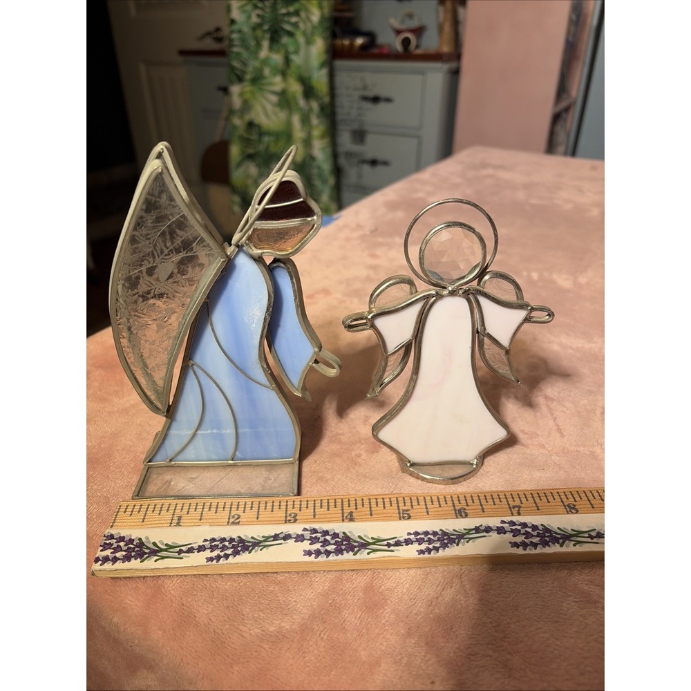 Stained Glass Angel Figurine Set Pair Pink Blue 7" 8" Boho Holiday Decor